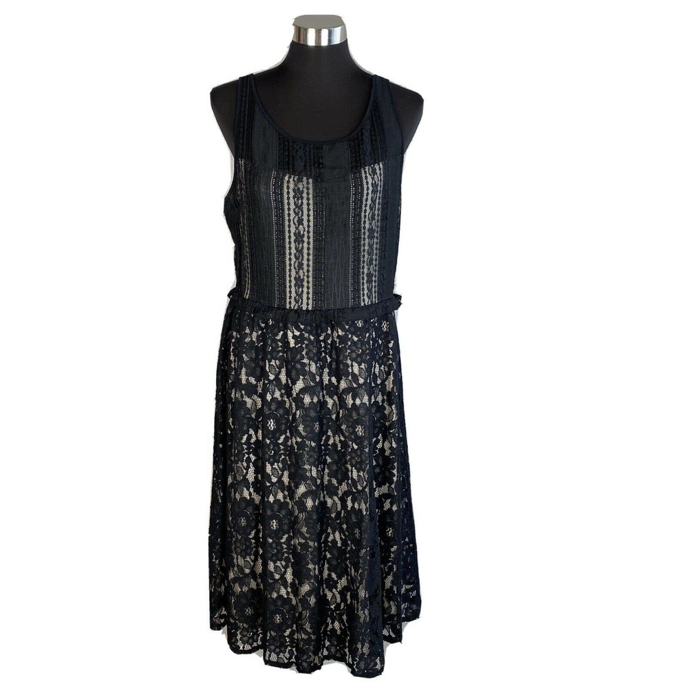 Lane Bryant Womens Flare Party Dress 14 XL Black Floral Lace Lined Sleeveless